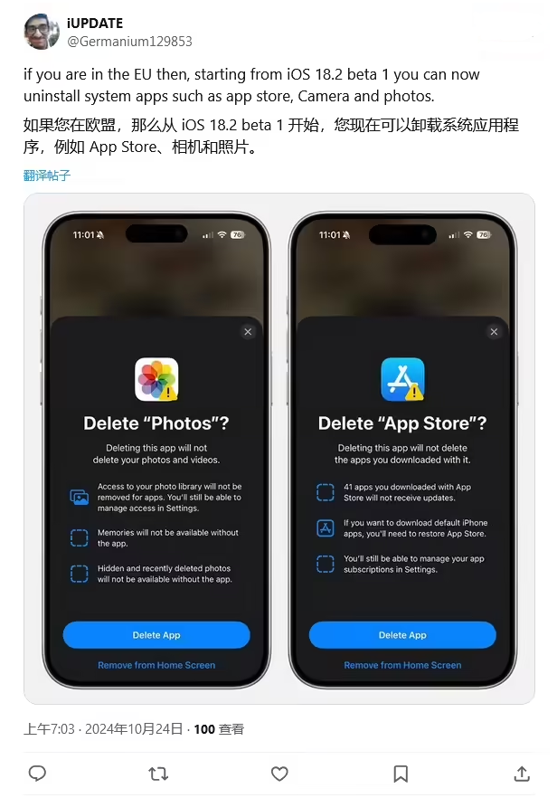 张店苹果手机维修分享iOS 18.2 支持删除 App Store 应用商店 