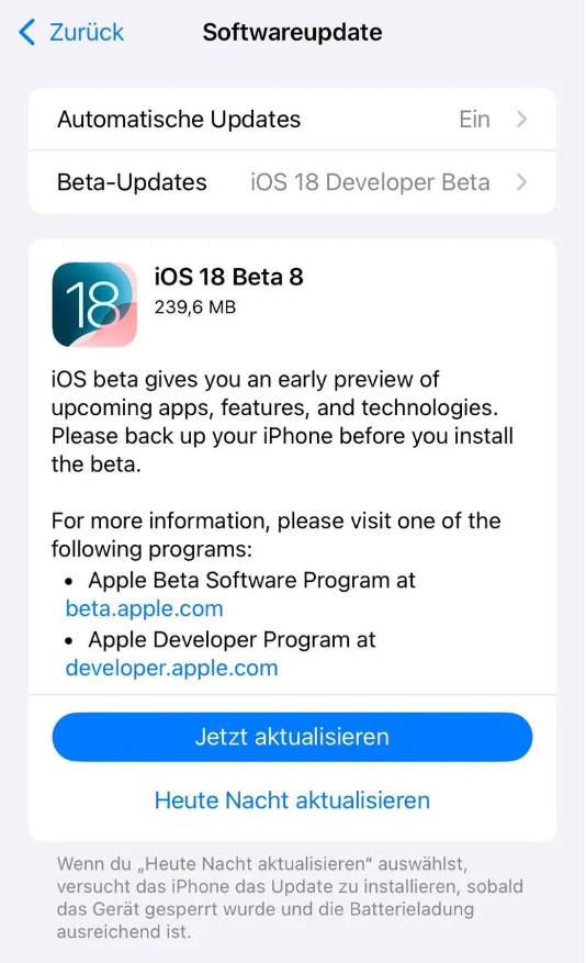 张店苹果手机维修分享苹果 iOS / iPadOS 18 开发者预览版 Beta 8 发布 